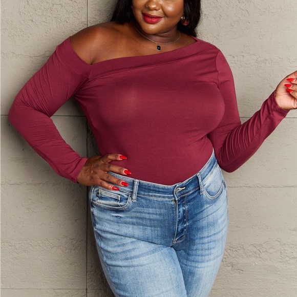 Culture Code Tops - NEW Culture Code Fall For You Plus Size Asymmetrical Neck Long Sleeve Top Red